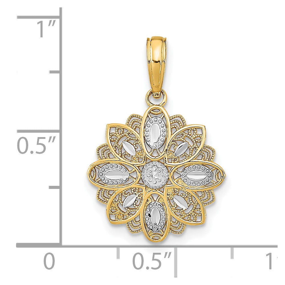 10K Yellow W/Rhodium 10K And D/C Filigree Flower Charm