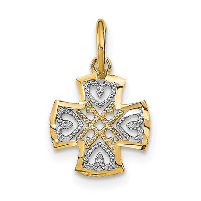 10K Yellow W/Rhodium 10K And D/C Hearts In Cross Charm