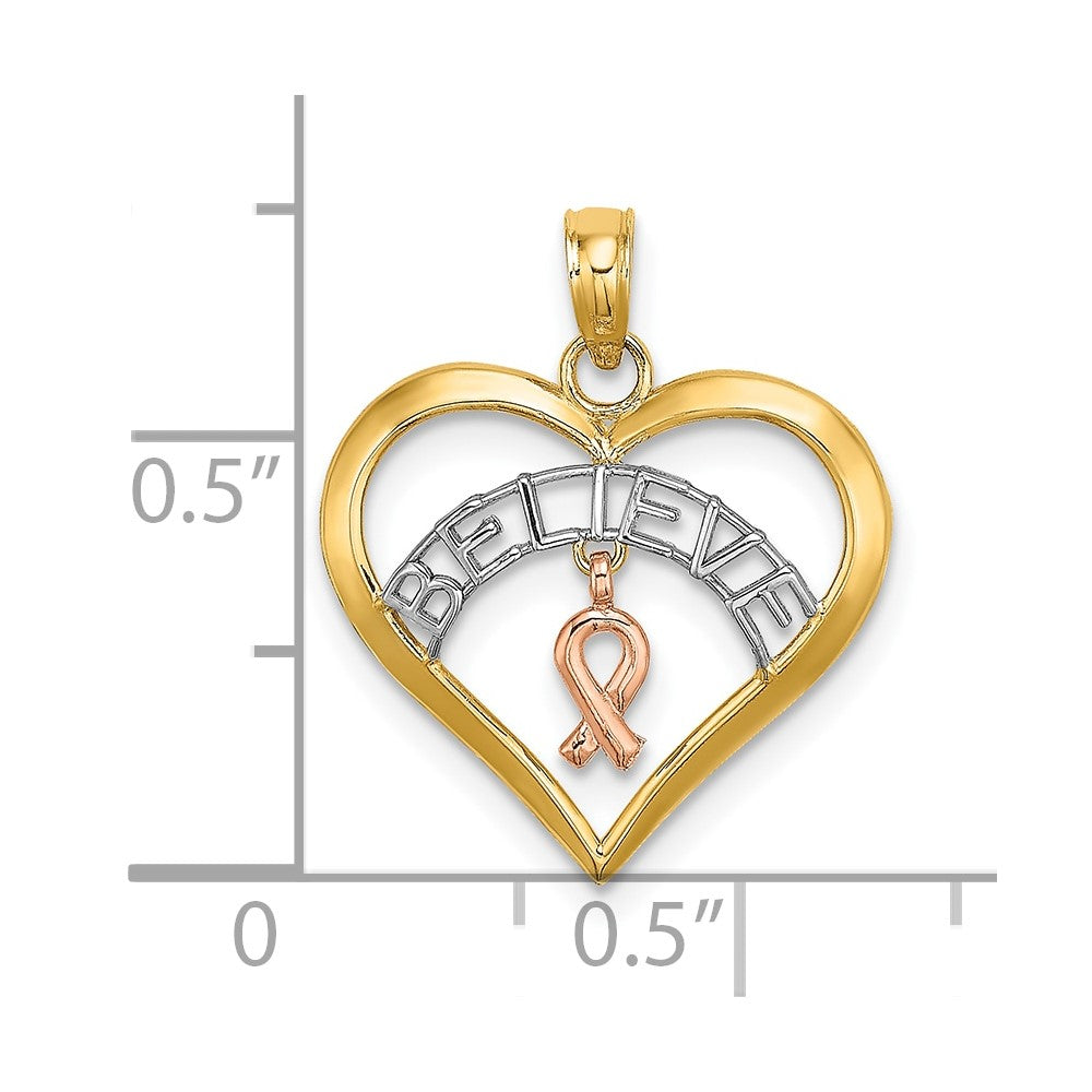10K Two-Tone With White Rhodium Believe In Heart W/ Breast Cancer Ribbon