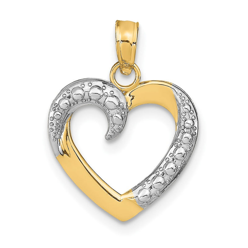 10K Yellow W/Rhodium 10K Polished And Textured Heart Pendant