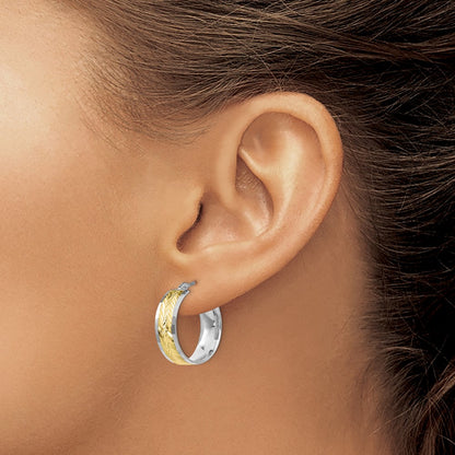 10K Yellow W/Rhodium W/ White Rhodium Plating Polished And D/C Earrings