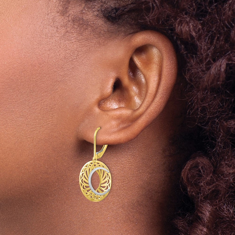 10K Two-Tone Polished and Satin Leverback Earrings