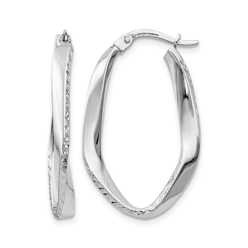 10K White Gold Polished And D/C Oval Hoop Earrings