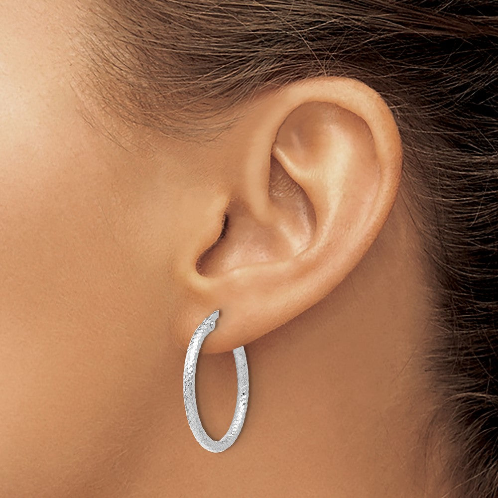 10K White Gold Polished And Textured Hinged Hoop Earrings