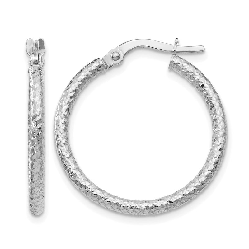 10K White Gold Polished And Textured Hinged Hoop Earrings