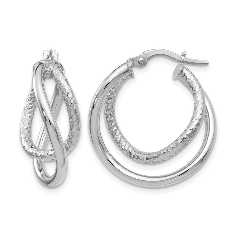 10K White Gold Polished And Textured Fancy Hoop Earrings