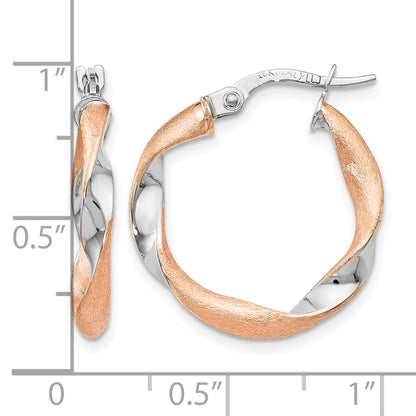 10K Yellow W/Rhodium With White Rhodium And Rose Gold Plating Twisted Hoop Earrings