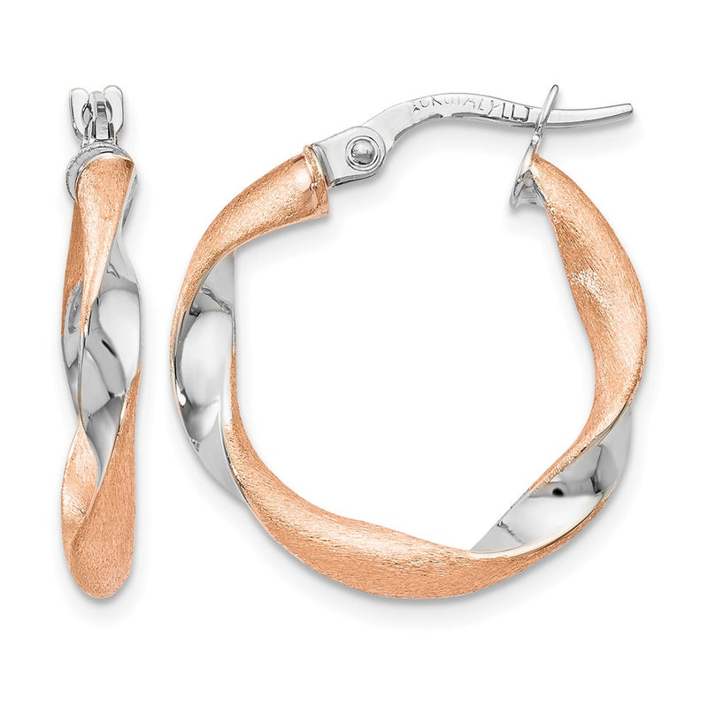10K Yellow W/Rhodium With White Rhodium And Rose Gold Plating Twisted Hoop Earrings