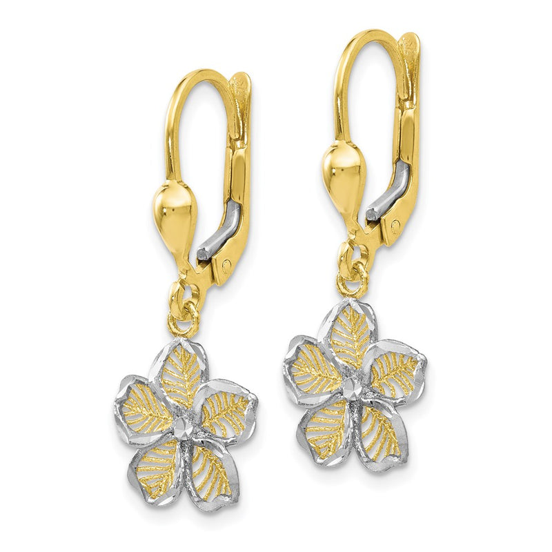 10K Yellow W/Rhodium Rhod-Plated Polished D/C Filigree Flower Leverback Earrings