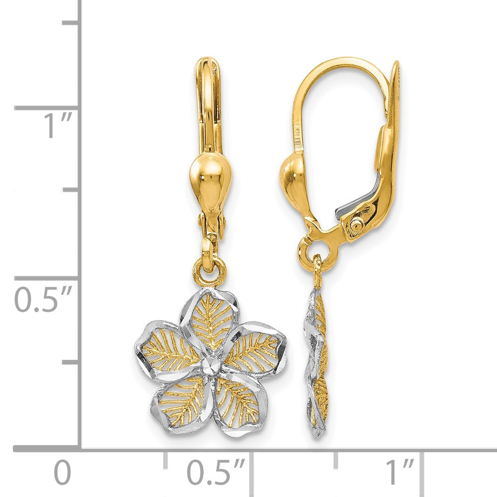 10K Yellow W/Rhodium Rhod-Plated Polished D/C Filigree Flower Leverback Earrings