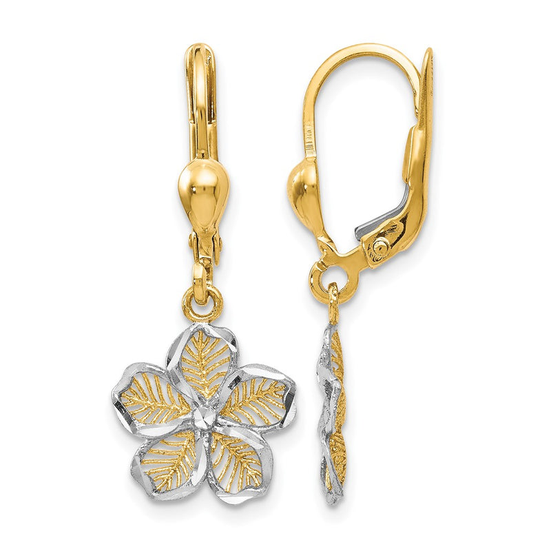 10K Yellow W/Rhodium Rhod-Plated Polished D/C Filigree Flower Leverback Earrings