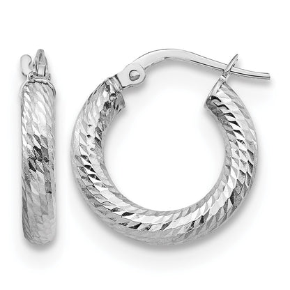 10K White Gold 3X10 D/C Round Hoop Earrings
