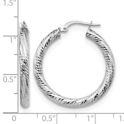 10K White Gold 3X20 D/C Round Hoop Earrings
