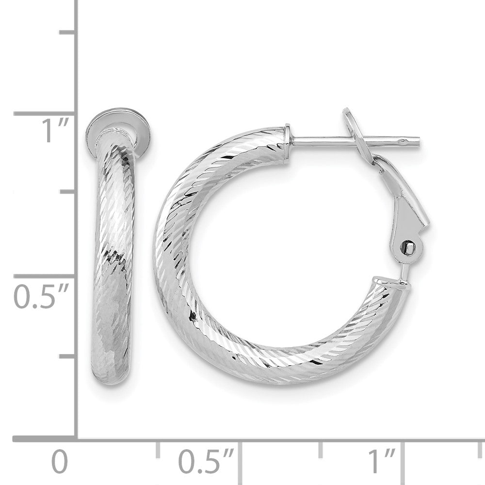10K Yellow W/Rhodium 3X15 With White Rh Plating D/C Round Omega Back Hoop Earrings