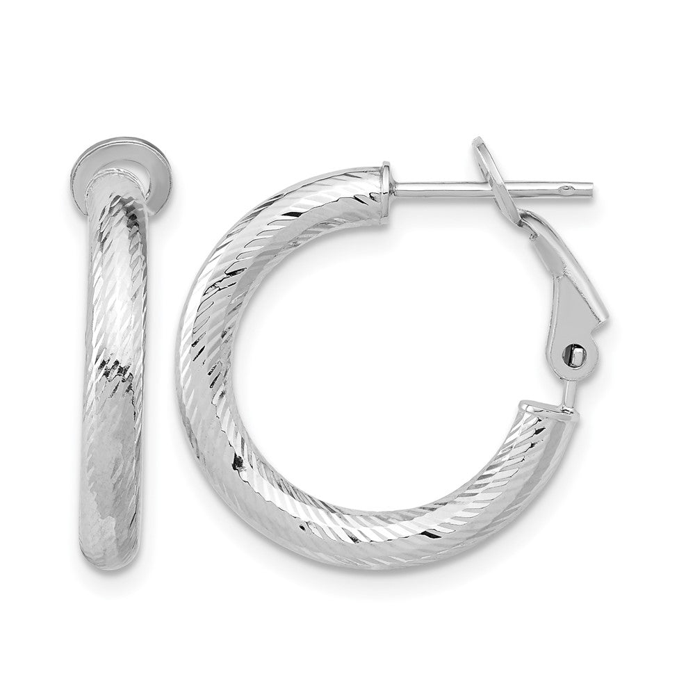 10K Yellow W/Rhodium 3X15 With White Rh Plating D/C Round Omega Back Hoop Earrings