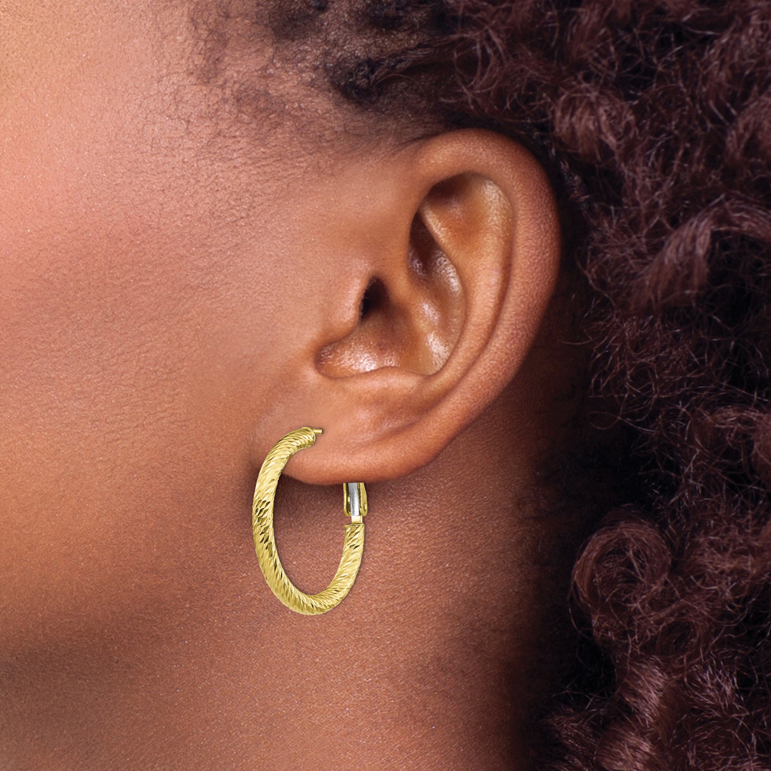 10K Yellow Gold 3X20 D/C Round Omega Back Hoop Earrings