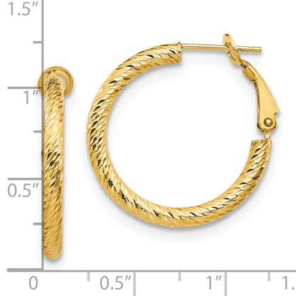 10K Yellow Gold 3X20 D/C Round Omega Back Hoop Earrings