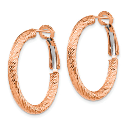 10K Yellow Gold 3X20 With Rose Plating D/C Round Omega Back Hoop Earrings