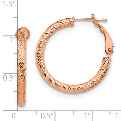 10K Yellow Gold 3X20 With Rose Plating D/C Round Omega Back Hoop Earrings