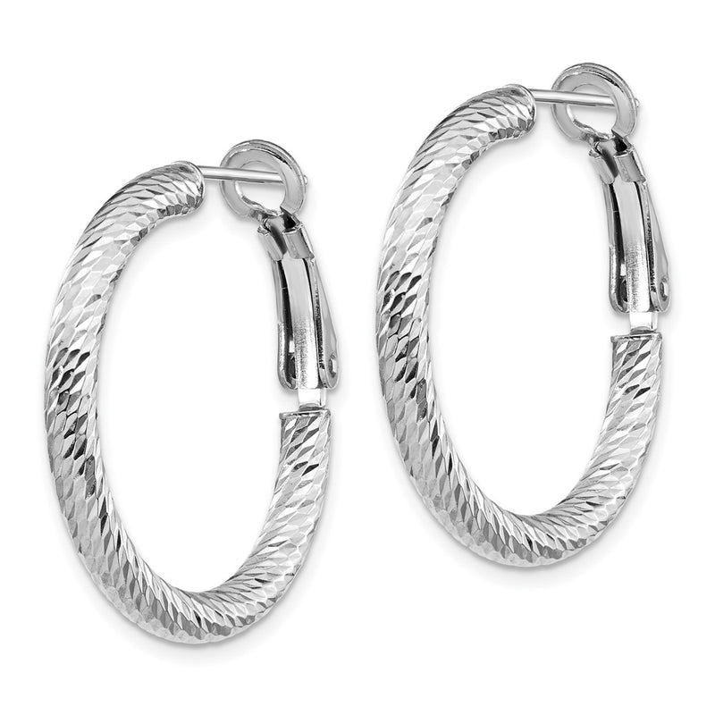 10K White Gold 3X20 D/C Round Omega Back Hoop Earrings