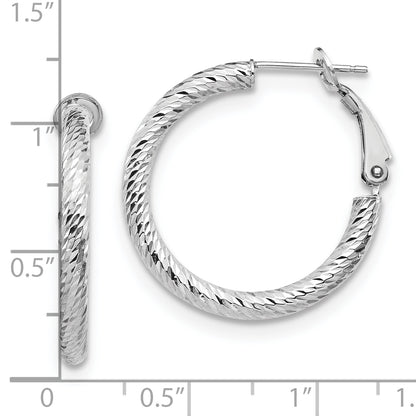 10K White Gold 3X20 D/C Round Omega Back Hoop Earrings