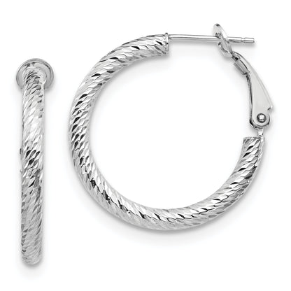 10K White Gold 3X20 D/C Round Omega Back Hoop Earrings