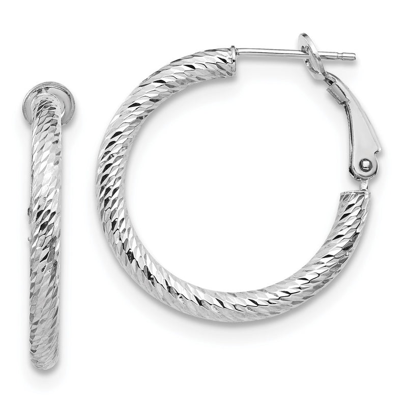 10K White Gold 3X20 D/C Round Omega Back Hoop Earrings