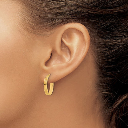 10K Yellow Gold Polished And Grooved Oval Hoop Earrings