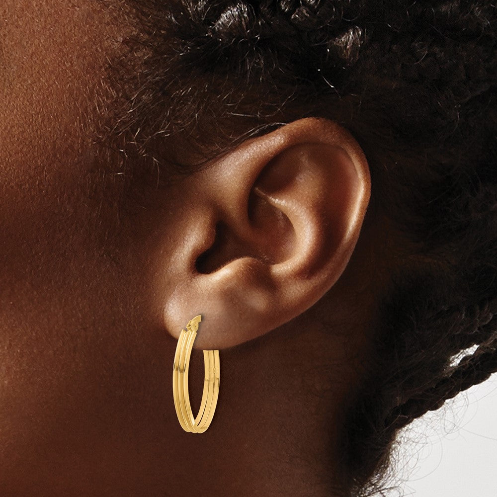 10K Yellow Gold Polished And Grooved Oval Hoop Earrings