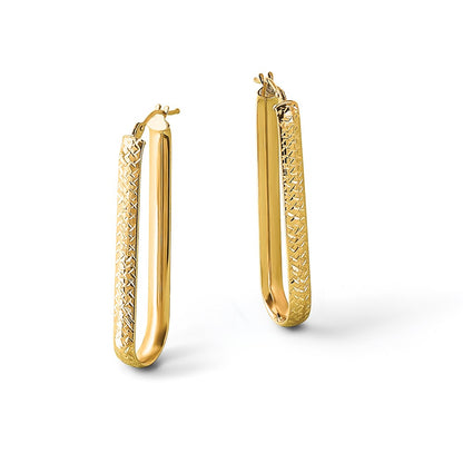 10K Yellow Gold Polished And Diamond Cut Oval Hoop Earrings