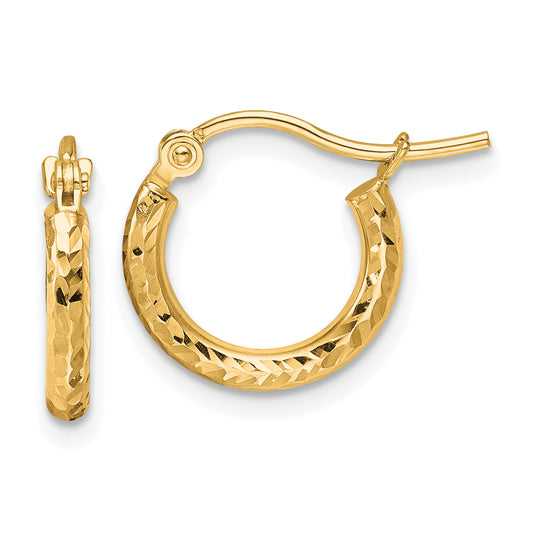 10K Yellow Gold Diamond Cut 2mm Round Tube Hoop Earrings