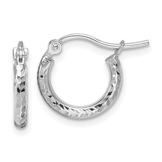10K White Gold Diamond Cut 2mm Round Tube Hoop Earrings