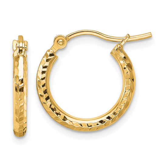 10K Yellow Gold Diamond Cut 2mm Round Tube Hoop Earrings