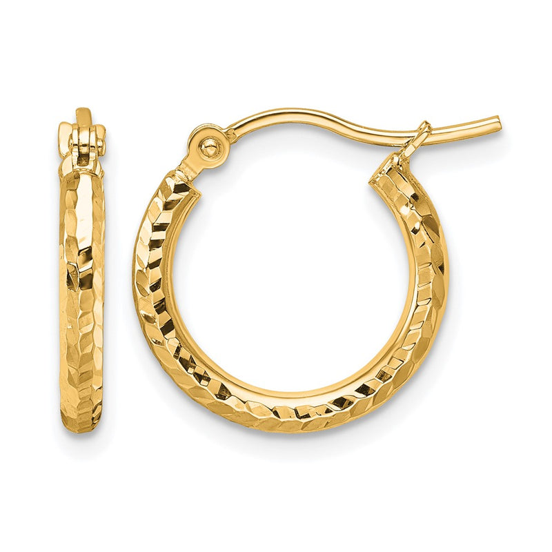 10K Yellow Gold Diamond Cut 2mm Round Tube Hoop Earrings