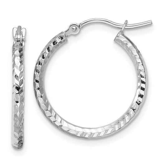 10K White Gold Diamond Cut 2mm Round Tube Hoop Earrings