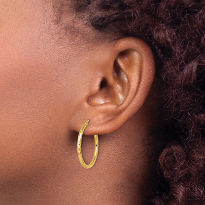 10K Yellow Gold Diamond Cut 2mm Round Tube Hoop Earrings