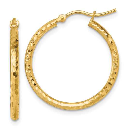 10K Yellow Gold Diamond Cut 2mm Round Tube Hoop Earrings