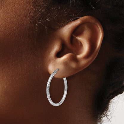 10K White Gold Diamond Cut 2mm Round Tube Hoop Earrings