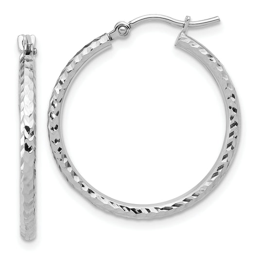 10K White Gold Diamond Cut 2mm Round Tube Hoop Earrings