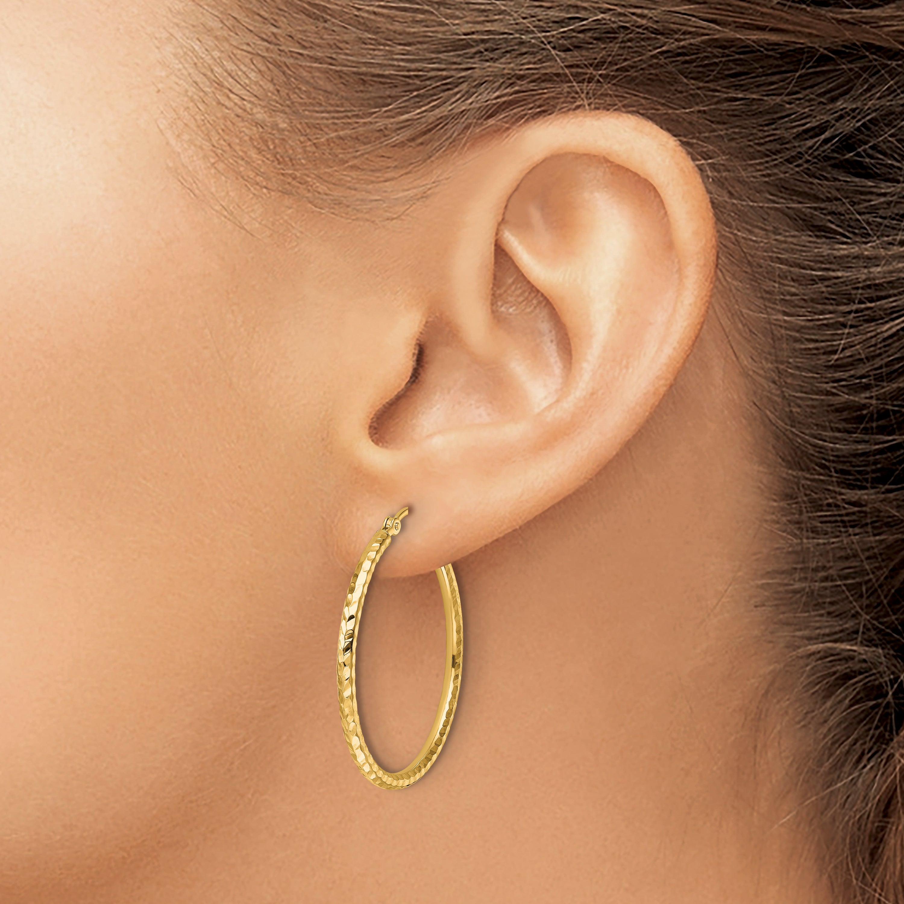 10K Yellow Gold Diamond Cut 2mm Round Tube Hoop Earrings