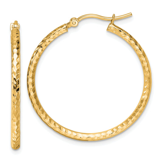 10K Yellow Gold Diamond Cut 2mm Round Tube Hoop Earrings
