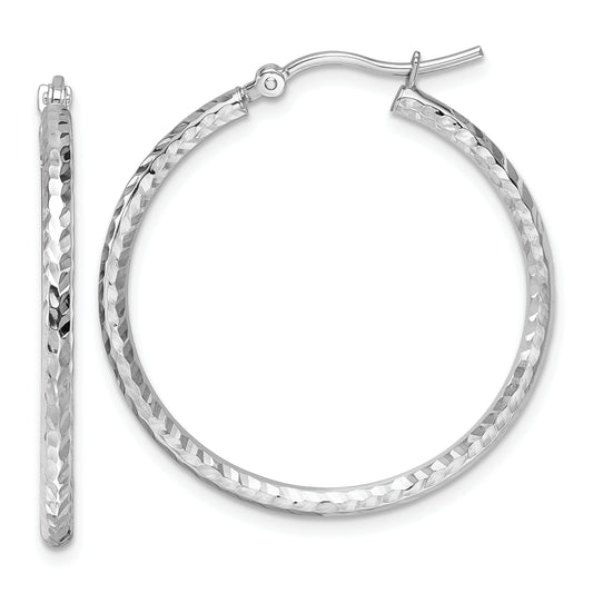 10K White Gold Diamond Cut 2mm Round Tube Hoop Earrings