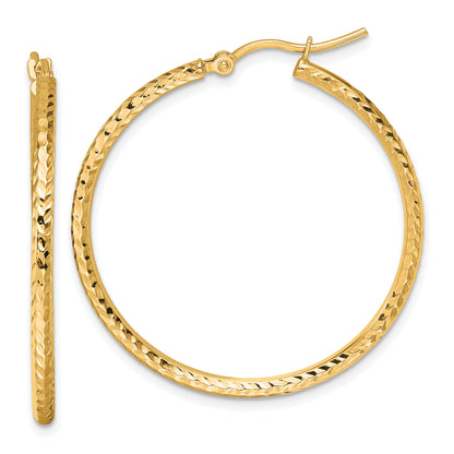 10K Yellow Gold Diamond Cut 2mm Round Tube Hoop Earrings
