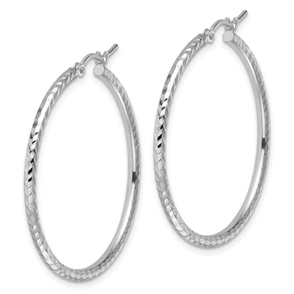 10K White Gold Diamond Cut 2mm Round Tube Hoop Earrings