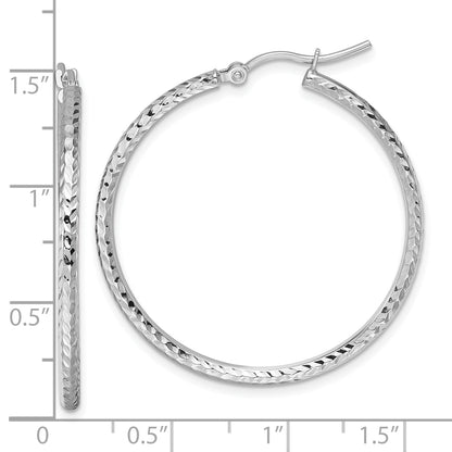 10K White Gold Diamond Cut 2mm Round Tube Hoop Earrings