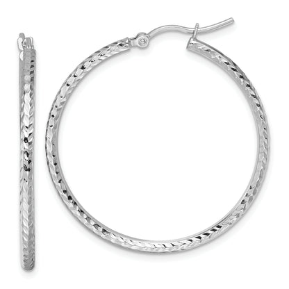 10K White Gold Diamond Cut 2mm Round Tube Hoop Earrings