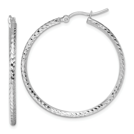 10K White Gold Diamond Cut 2mm Round Tube Hoop Earrings