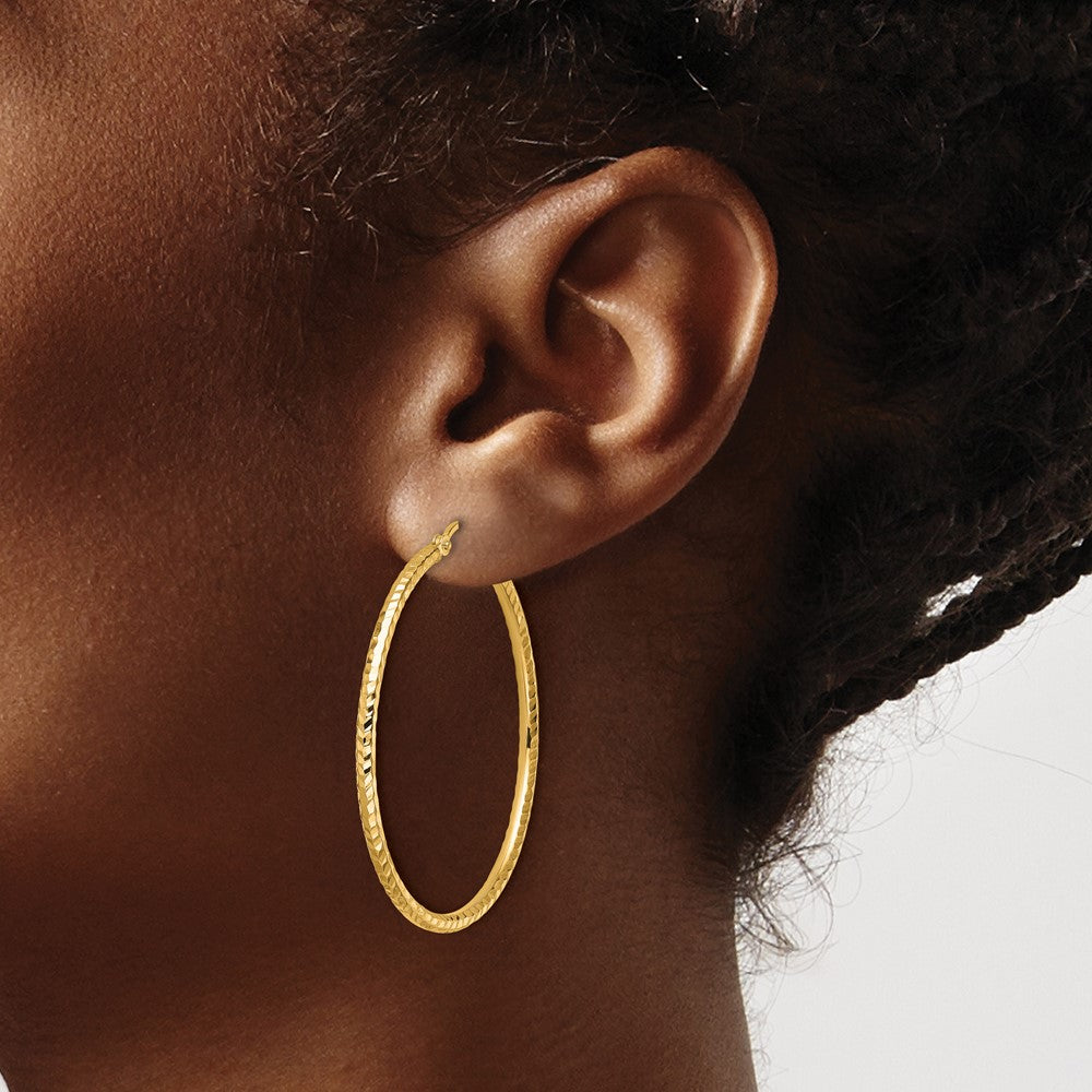 10K Yellow Gold Diamond Cut 2mm Round Tube Hoop Earrings