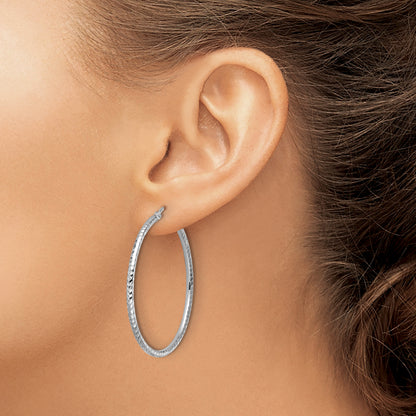 10K White Gold Diamond Cut 2mm Round Tube Hoop Earrings