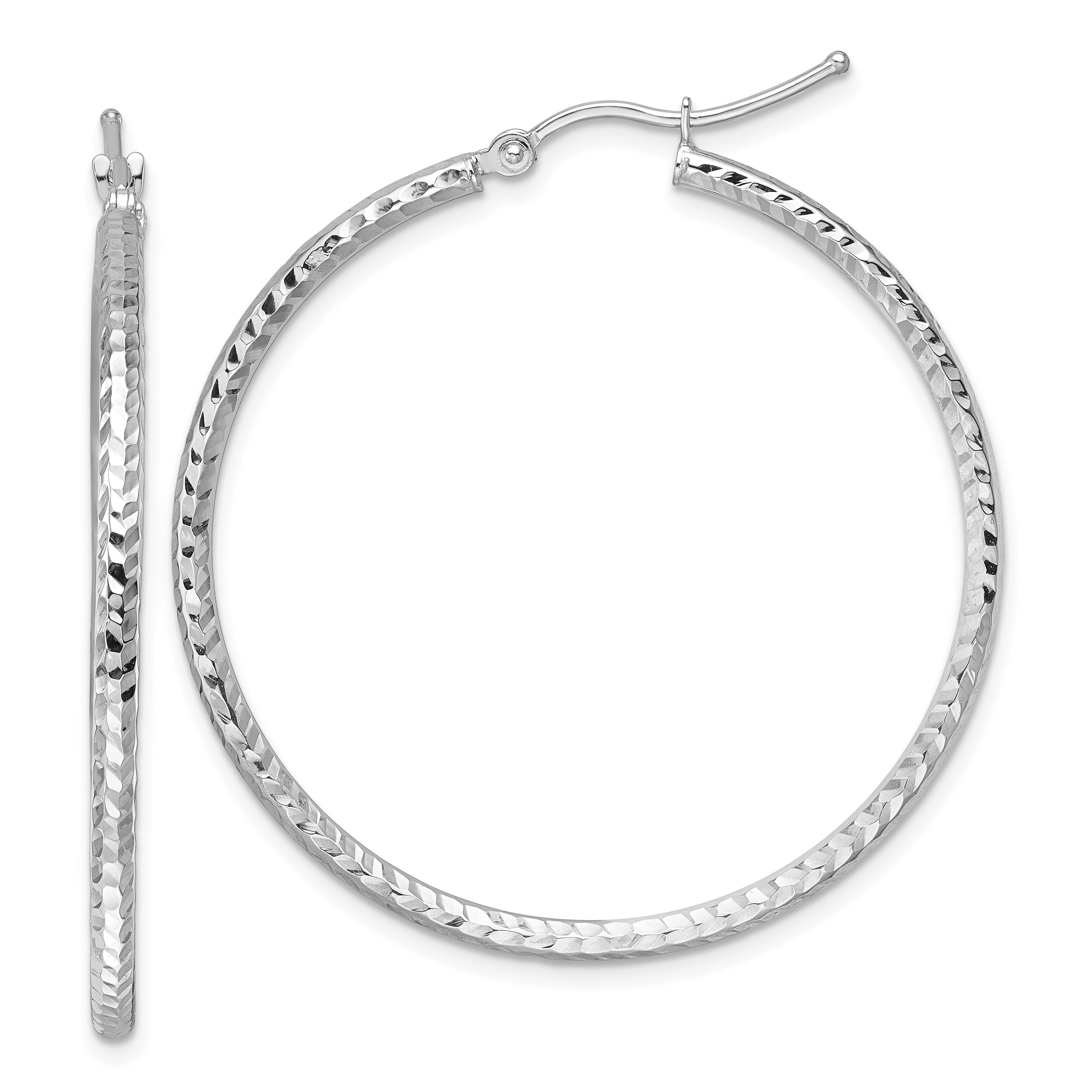 10K White Gold Diamond Cut 2mm Round Tube Hoop Earrings
